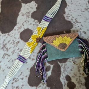 Handcrafted Teal Suede Sunflower Fringe Crossbody Bag